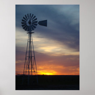 Póster Moinho de vento e por do sol ocidental de Kansas