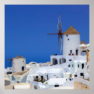 Póster Moinho de vento em Oia, Santorini, piscina