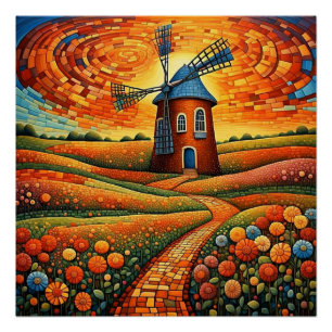 Póster Moinho de vento no pôr do sol 1