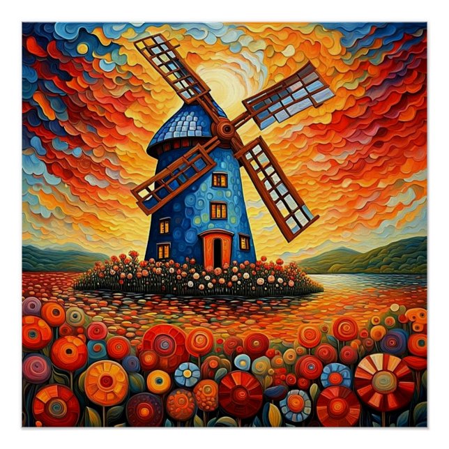 Póster Moinho de vento no pôr do sol 3 (Frente)
