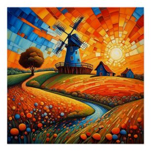 Póster Moinho de vento no pôr do sol 5