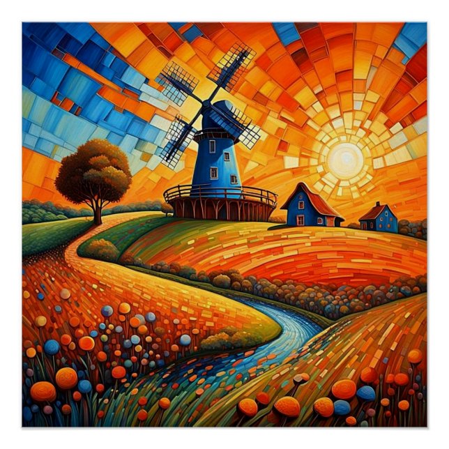 Póster Moinho de vento no pôr do sol 5 (Frente)