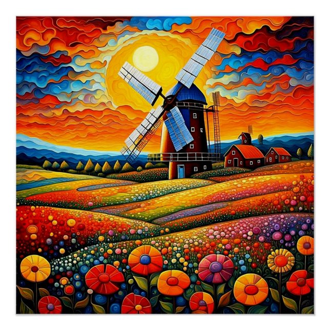 Póster Moinho de vento no pôr do sol 7 (Frente)