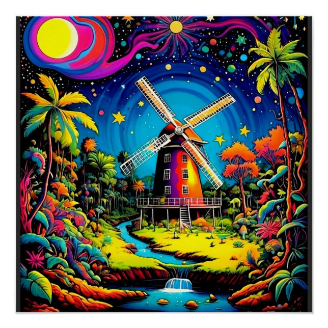 Póster Moinho de vento sob céu estrelado 3 (Frente)