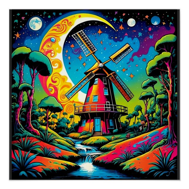 Póster Moinho de vento sob o céu estrelado 2 (Frente)
