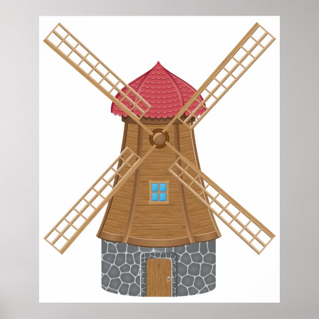 Poster Moinho de Vento Tradicional Rústico de Madeira (Frente)