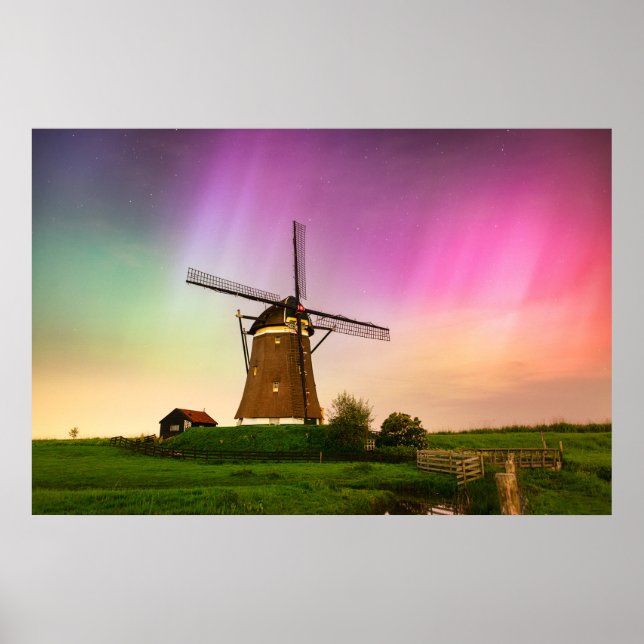 Poster Moinho de vento tradicional sob a Aurora Boreal (Frente)