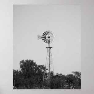 Poster Moinho preto e branco em um campo do Texas 16x20