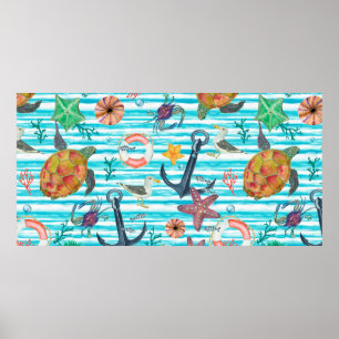 Poster Mola aquosa de pintura sem costura com tartarugas,