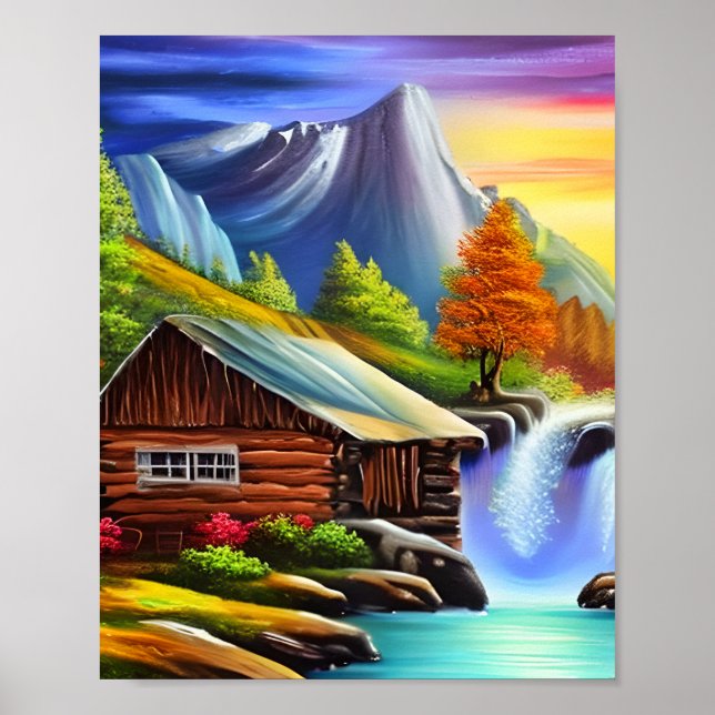 Poster Mola-d'água - Paisagem em cascata de montanha (Frente)