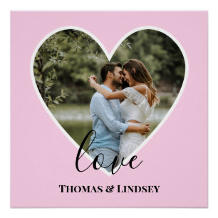 Póster Moldura de Coração Rosa com Fotografia Personaliza