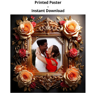 Póster Moldura de Foto Chic Vintage com Rosas e Ornamento