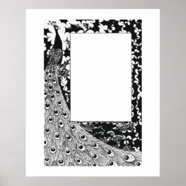 Poster Moldura de pena de pavão preto e branco vintage.