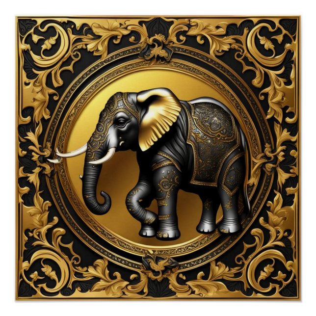 Póster Moldura decorativa de ouro elefante (Frente)