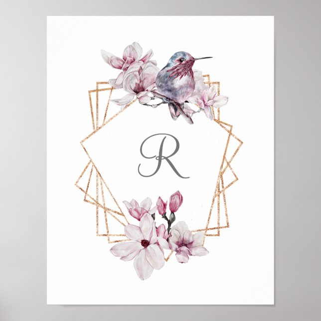 Poster Moldura Dourada de Magnólias Brancas Rosa Monogram (Frente)