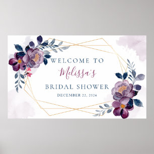 Poster Moldura Dourada Floral Roxa e Azul