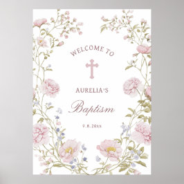 Poster Moldura Floral Rosada Bem-vindo ao Batismo