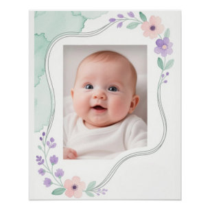 Póster Moldura Ondulada Floral Pastel em Aquarela Vazia