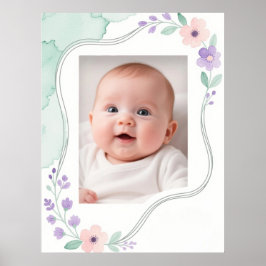 Poster Moldura Ondulada Floral Pastel em Aquarela Vazia