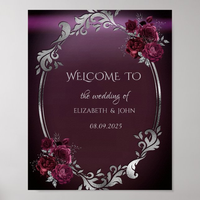 Poster Moldura Prata Chic Rosas Burgundy (Frente)
