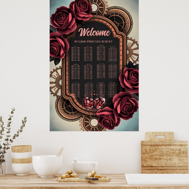 Poster Moldura Steampunk com Rosas vermelhas e engrenagen (Cozinha)