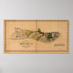 Poster Molokai, 1897, mapa de Havaí do vintage