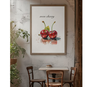 Poster Mon Cherry, duas cerejas com aquarela personalizáv