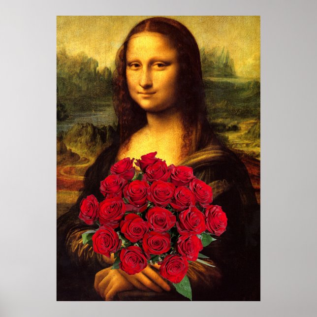 Poster Mona Lisa Com Buquê De Rosa vermelha (Frente)