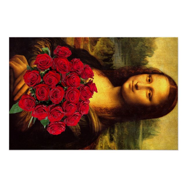 Póster Mona Lisa Com Buquê De Rosa vermelha (Frente)