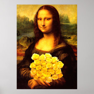 Póster Mona Lisa Com Buquê De Rosas Amarelas