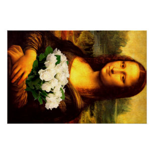 Póster Mona Lisa Com Buquê De Rosas Brancas