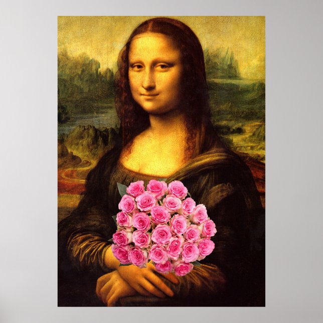 Poster Mona Lisa Com Buquê De Rosas Rosa (Frente)