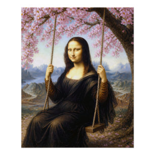 Póster Mona Lisa num Balanço sob Flores de Cerejeira