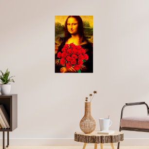 Poster Mona Lisa segurando rosas vermelhas Leonardo Da Vi