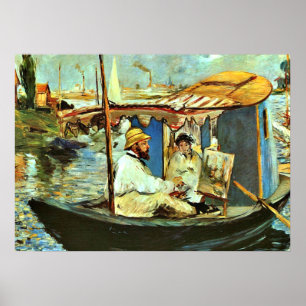 Póster Monet em seu barco Estúdio Flutuante de Edouard M