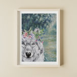 Poster Monet Morning Seine e Wolf Cinza<br><div class="desc">A bela compilação artística mostra a Manhã de Claude Monet no Sena como um fundo com retrato de lobo cinza com cobertura floral de cor d'água.</div>