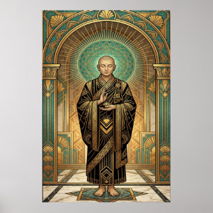 Poster Monge Budista Art Deco Lótus Meditação Dourado Tea