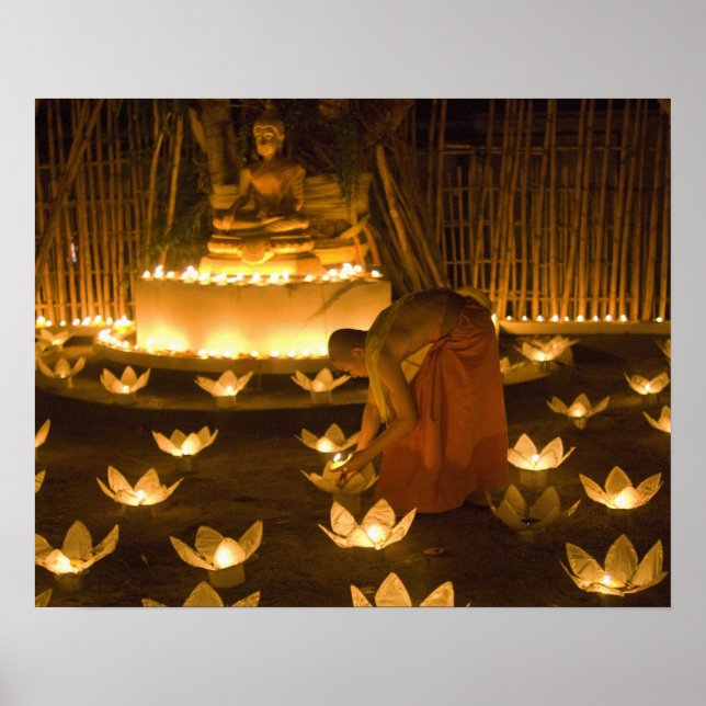 Poster Monges acendendo velas e lanternas de khom (Frente)