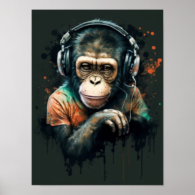 Poster Monkey Chimp DJ com fones de ouvido, amante da mús (Frente)
