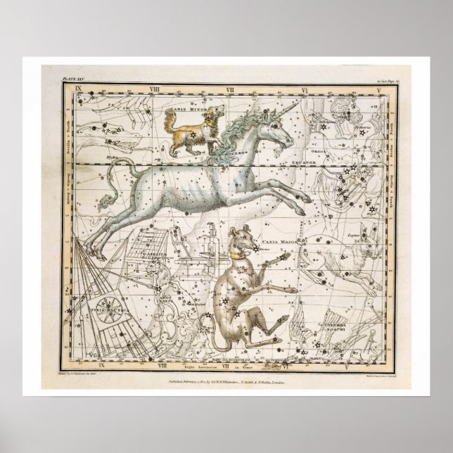 Póster Monoceros, de A Celestial Atlas, pub. em 1822 (Frente)