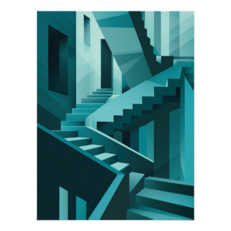 Póster Monochromatic Turquoise Isometric Staircase Maze