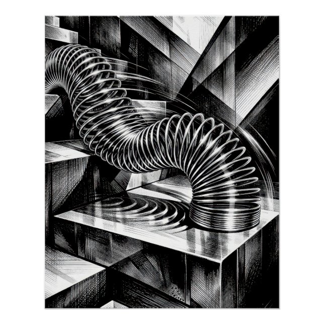 Póster Monochrome Slinky Tumbling Down Chrome Steps (Frente)