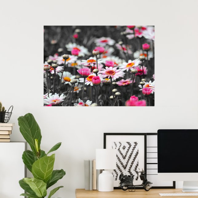 Poster Monocromático do Jardim da Flor Branca Preta (Escritório em casa)