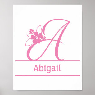 Poster Monograma A, Letra A, Inicial A, Floral Rosa Branc