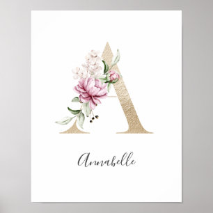 Poster Monograma A Rosa Floral Branco Letra Dourada Berçá
