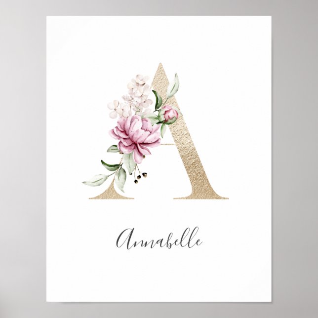 Poster Monograma A Rosa Floral Branco Letra Dourada Berçá (Frente)