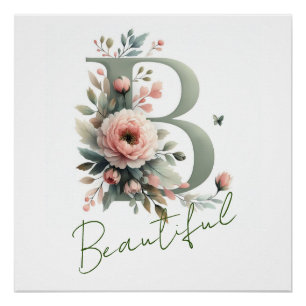 Póster Monograma B Clássico Pastel Pink Pink Peony Elegan