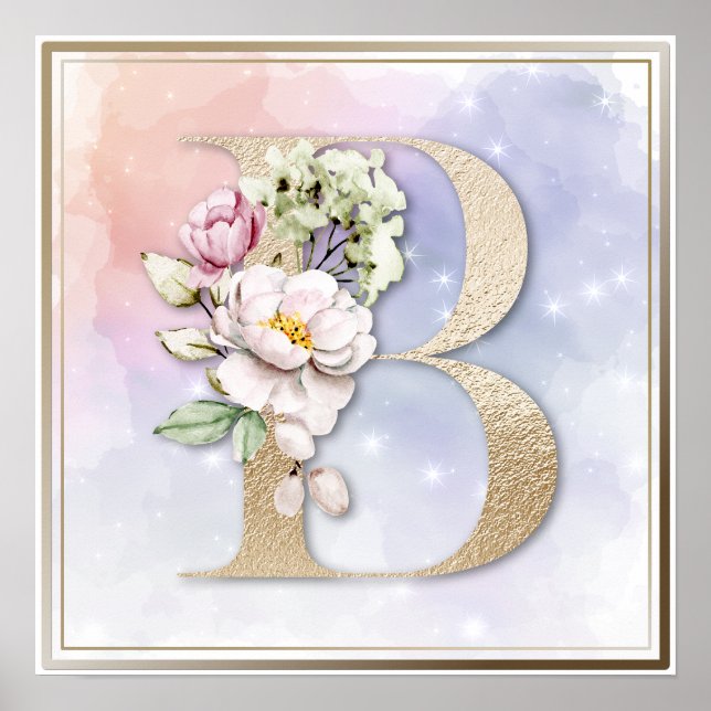 Poster Monograma B Floral Rosa (Frente)