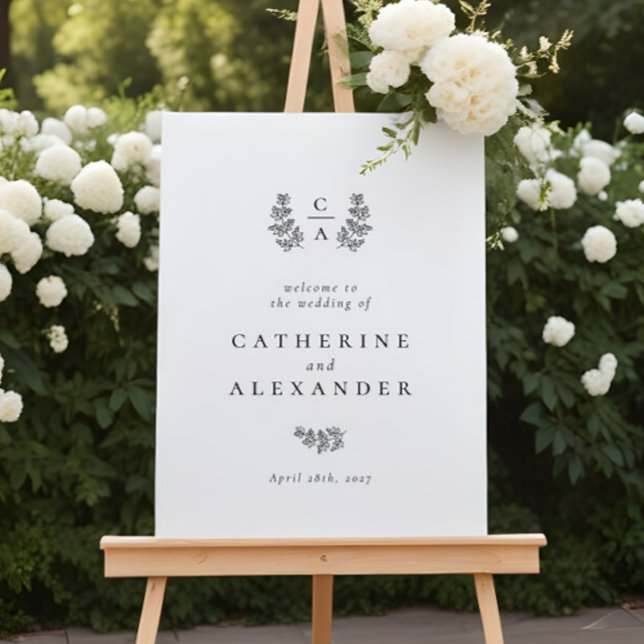 Poster Monograma Botânico Elegante Sinal de Casamento Ini (Criador carregado)