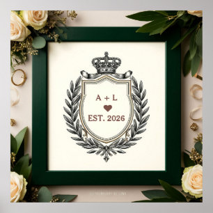 Poster Monograma Clássico de Casamento com Brasão de Coro